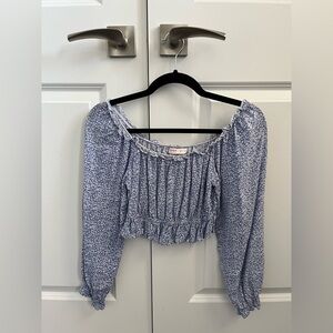 ROMWE Blue & White Floral Off-Shoulder Blouse/Long Sleeve Shirt